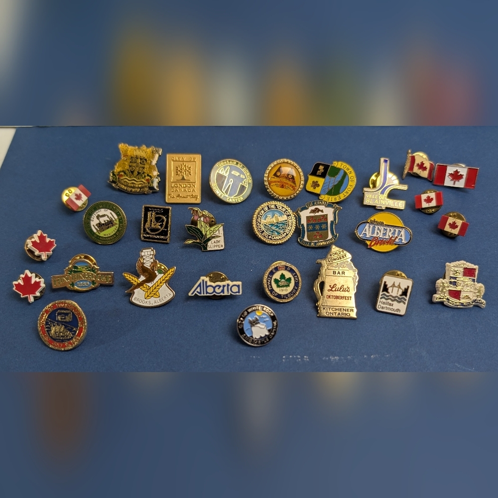 Collection of Canadian Pins Provinces , Cities and Canadian Flag Pins